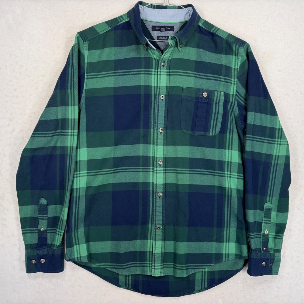 Tommy Hilfiger Mens Custom Fit Plaid Button Down Shirt Green Navy Blue Cotton